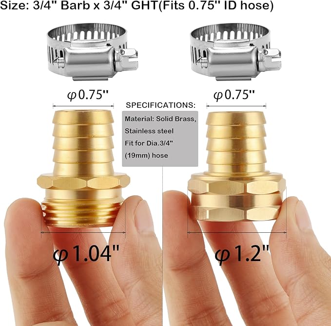 4 Set Brass Garden Hose Repair Connector Kit with Clamps, Fit for 3/4" Garden Hose Fitting,3/4'' Barb x 3/4'' GHT Garden Hose Adapter/Fittings, Water Hose Repair Kit
