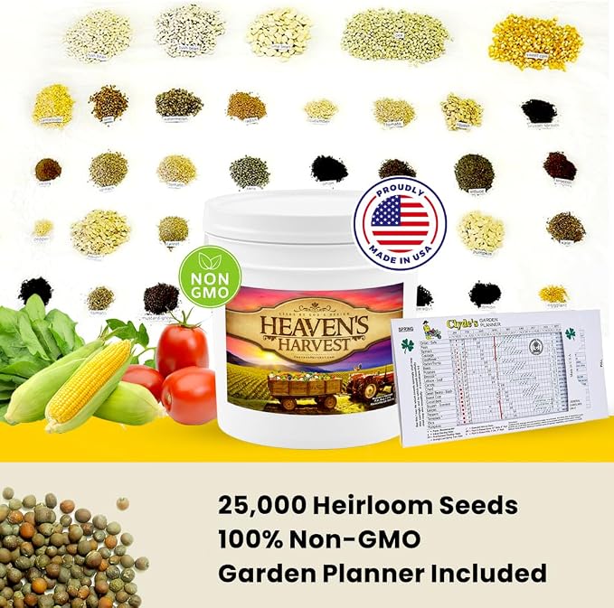 Heaven’s Harvest - 10 Year Survival Or Homestead Garden | 25k+ Heirloom Vegetable Seed Bank Kit | Includes Seed Vault Storage Drum | Non-GMO