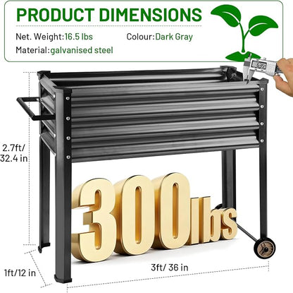 Land Guard 2 Pack Galvanized Raised Garden Bed with Legs & Wheels, 36×12×32in Metal Elevated Raised Planter Box for Backyard, Patio, Balcony, 300lb Capacity, Dark Grey