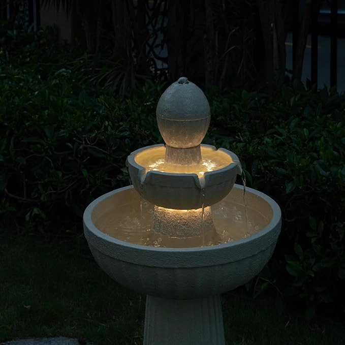 37.80” H Outdoor Water Fountain Made with Eco-Friendly Recyclable Materials, Polyethylene Cascading Waterfall Water Fountain Outdoor, Garden Decor with LED Light for Patio, Backyard (White)