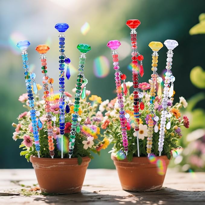AIPRIDY DIY Crystal Beaded Fairy Wand Garden Stakes Kit, Colorful Decorative Wands with Assembly Guide, 12 or 10 Inch Threaded Rods,Outdoor Garden Decoration Set (238, Rainbow+Diamond Top)