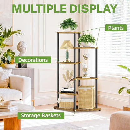 iDavosic.ly Tall Plant Stand Indoor for Large & Heavy Duty Planters, 5 Tier Corner Flower Shelf with Wooden Trays & Metal Frame, 41 Inch Orchid Rack for Living Room Balcony Porch, Black & Brown
