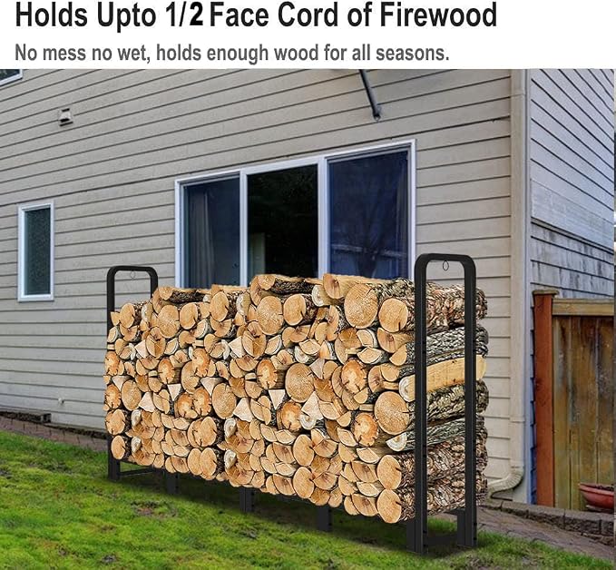 Firewood Rack Outdoor 8ft Heavy Duty Logs Holder for Indoor Fireplace Metal Wood Pile Storage Stacker Organizer, Matte Black