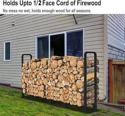 Firewood Rack Outdoor 8ft Heavy Duty Logs Holder for Indoor Fireplace Metal Wood Pile Storage Stacker Organizer, Matte Black
