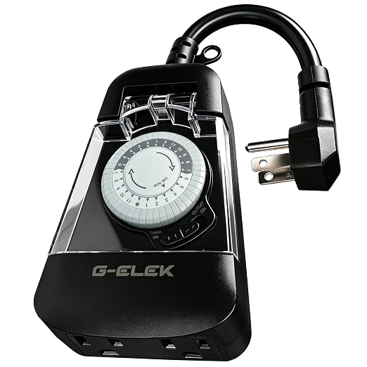 G-ELEK Mini Compact Outdoor Mechanical Timer Outlet Weatherproof, 24 Hour 30 Minute Interval, 2 Grounded 3 Prong Outlets, Space Saving Waterproof Plug in Timer for Lights Holiday Decor, 15A ETL Listed