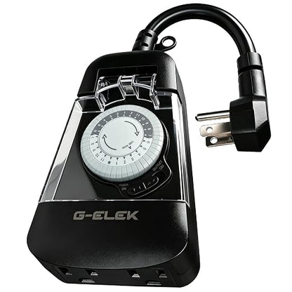 G-ELEK Mini Compact Outdoor Mechanical Timer Outlet Weatherproof, 24 Hour 30 Minute Interval, 2 Grounded 3 Prong Outlets, Space Saving Waterproof Plug in Timer for Lights Holiday Decor, 15A ETL Listed