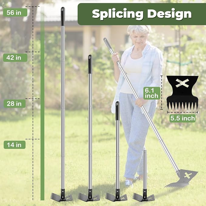 2.0 Weed Puller Tool with Long Handle, 56" Heavy Duty Garden Hoe & 10 Teeth Weed Rake, 2 in 1 Manual Hand Gardening Weeder, Upgraded Weeding Remover Tools for Garden, Yard, Patio, Lawn