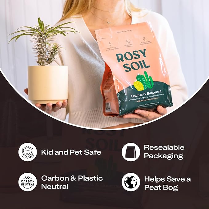 Rosy Soil Cactus & Succulent Potting Mix, 4 Quarts, Pack of 2 | Organic Succulent Potting Soil, Chunky Fast Draining, Peat-Free, Root Boosting Mix, For AloeVera, Cacti, Indoor Succulents