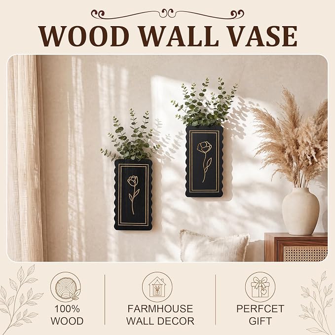 2 Pack Wooden Wall Planter Vase, Scalloped Farmhouse Wall Decor with Floral Line Art, Rustic Hanging Pockets for Faux Flowers, Living Room, Bathroom, Entryway(Black)