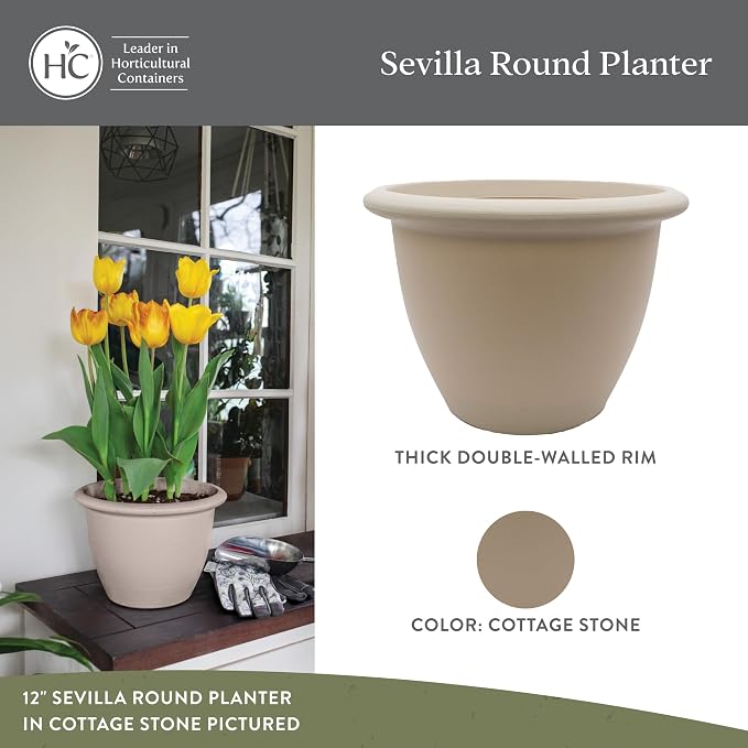 The HC Companies Sevilla Flower Planters - Durable Outdoor & Indoor Planter - Round Lightweight Self Watering Plant Pots for Herbs & More (14" Cottage Stone, Pack of 1)
