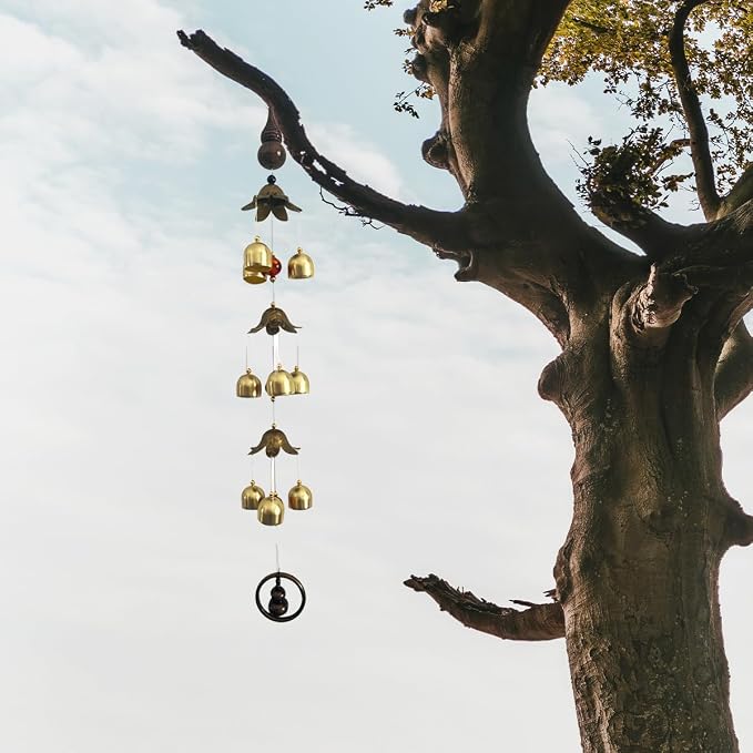 Good Fortune Bottle Gourd with Energy Bead Wind Chimes Copper Alloy 3 Layers+9 Bells for Outdoor Decorations Garden Yard Trees Or As A Good Gift