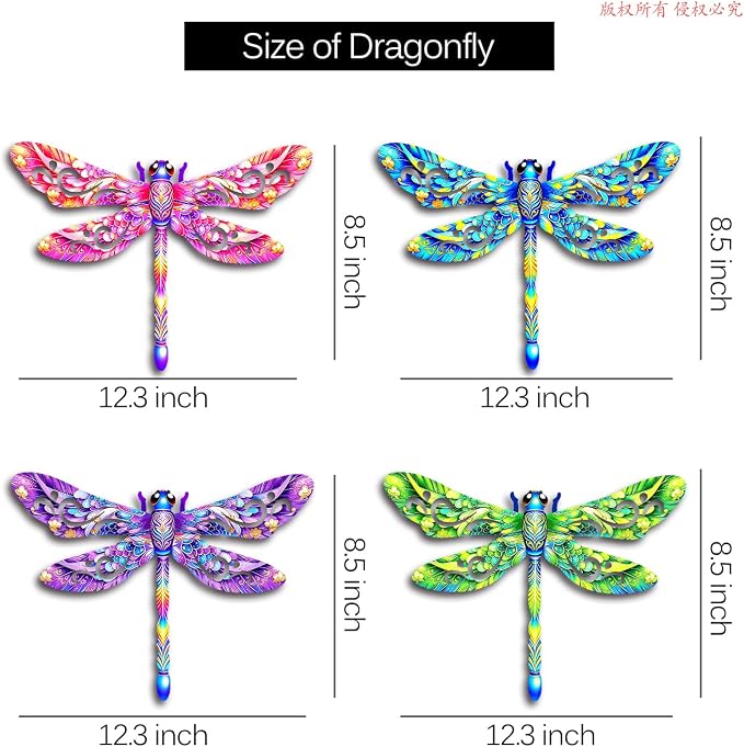 Metal Dragonfly Wall Decor, 4 Pcs Metal Dragonflies Wall Art Hanging Sculptures Decorations for Outdoor Decor, Fence Garden Yard Patio Exterior Decor Rust-Proof Weatherproof
