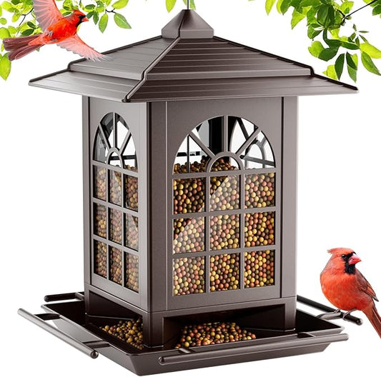 Birdream Bird Feeders for Outdoor Hanging, Assembly Required, 1-Min Easy Setup, Classic Courtyard Design, Attracting Cardinals Chickadees Goldfinches & Sparrows - Brown