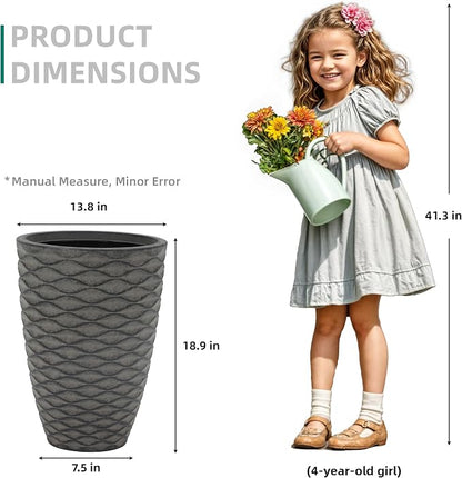 2-Pack 19" Rustic Black Resin Tall Planters with Wave Texture | Set of 2 resin tall planters with rustic black wave texture, drainage plugs, and UV-resistant finish for porch or patio