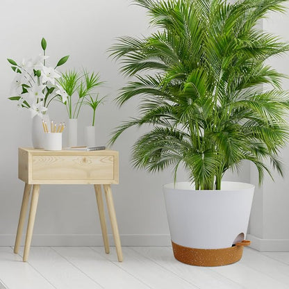 Meowell 12 inch Large Self Watering Pots for Indoor Outdoor Plants, Flower Plant Pots with Drainage Holes for Garden House Plants, Plastic Planters with Reservoir for Home, White with Brown
