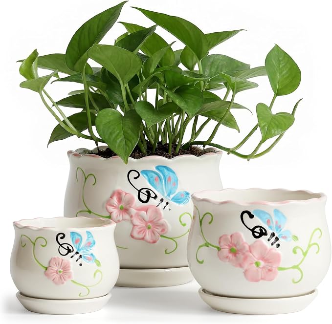 Flower Pots, Ceramic Plant Pots Set of 3, Small Succulent Pot with Drainage | 4/5.2/6.6 Inches, Cactus Planter with Saucer, Indoor Garden Pots