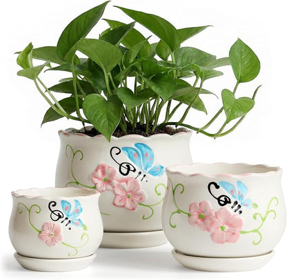 Flower Pots, Ceramic Plant Pots Set of 3, Small Succulent Pot with Drainage | 4/5.2/6.6 Inches, Cactus Planter with Saucer, Indoor Garden Pots