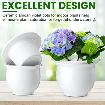 Suclain 2 Pack Ceramic Self Watering Plant Pot African Violet Pots Self Watering Indoor Flower Pot Efficiently Store Water for at Least One Week Modern Decor Gift(White,6.5 Inch)