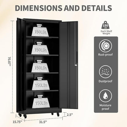 73" H Metal Cabinet with Wheels, Metal Storage Cabinet with 2 Doors and 4 Shelves, Steel Locking File Cabinet, Lockable Storage Cabinet, Tool Cabinet for Home, Office,Garage, School, Black