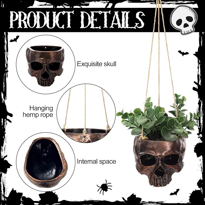 2 Pack Hanging Skull Planter Pot with Ropes Gothic Skeleton Plant Pot Skull Candy Bowl for Succulent Plants Flowers Horror Head Wall Decoration (Bronze)