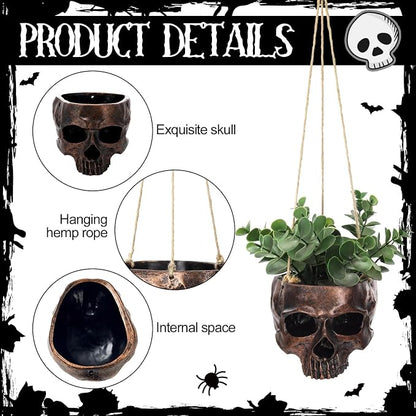 2 Pack Hanging Skull Planter Pot with Ropes Gothic Skeleton Plant Pot Skull Candy Bowl for Succulent Plants Flowers Horror Head Wall Decoration (Bronze)
