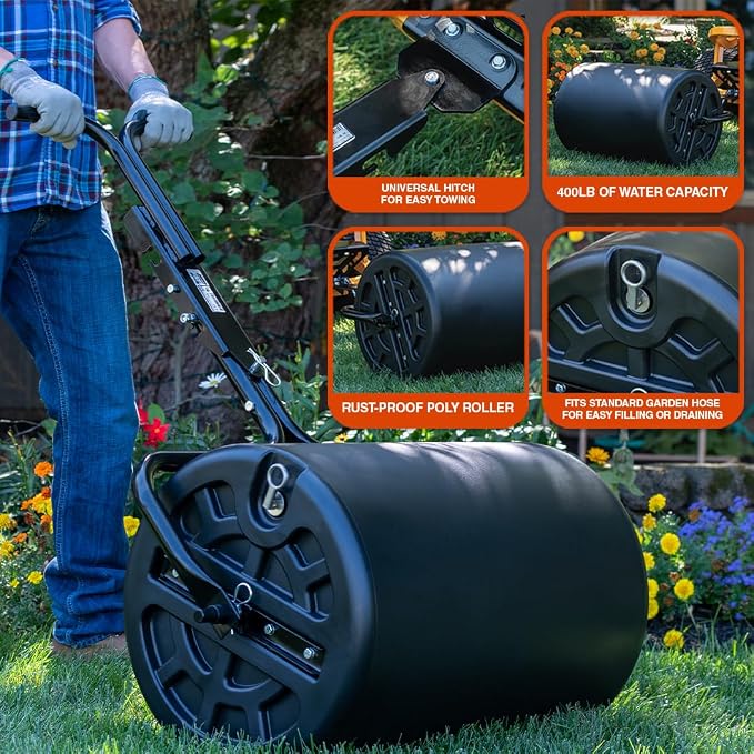 Agri-Fab 18 in x 24 in Push/Tow Behind Poly Lawn Roller, 250 lb Water Capacity with Steel Frame, Made in USA
