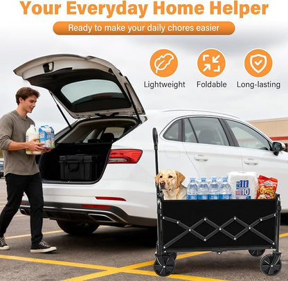 Wagons Carts Foldable, Collapsible Wagon with Wheels — Durable Folding Utility Pull Wagon Cart for Groceries, Picnic & Pets, Park Trips & Small Hauls, 280 lbs Heavy Duty Capacity,Graphite Black