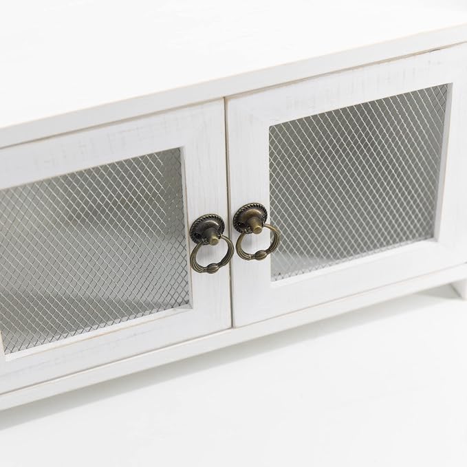 COLLECTIVE HOME - Storage Cabinet, Mini Countertop Cabinet, Wood Organizer for Kitchen Living Room Bedroom Bathroom Office with Magnetic Door, 14.5 x 6.5 x 10 (White, Wire Netting)