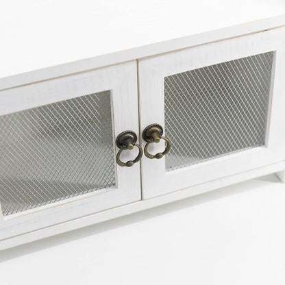 COLLECTIVE HOME - Storage Cabinet, Mini Countertop Cabinet, Wood Organizer for Kitchen Living Room Bedroom Bathroom Office with Magnetic Door, 14.5 x 6.5 x 10 (White, Wire Netting)