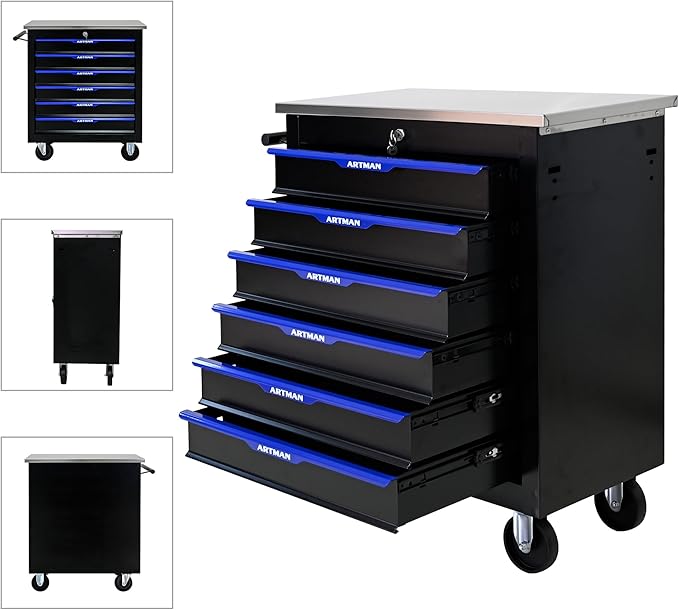 6-Drawer Rolling Tool Chest, Lockable Stainless Top for Garage, Black&Blue | Heavy Duty Modular Roll Around Tool Cabinet with Drawers for Workshop and Tool Box Storage