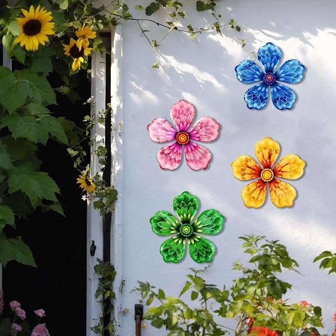 4-Pack Metal Flower Wall Decor, Outdoor Fence and Garden Art | Outdoor Wall Decor art, Easy To Hang, Ideal for outdoor fences, gardens, patios, yards and exterior walls