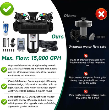 Pond Fountain Aerator, with 4RGB Lights 1HP 110V 750W 15000 GPH Stainless Steel Aerating Fountain Pump, 100 FT Power Cord, Timer, 2 x 100 FT Traction Rope, Powerful Lake Pond Aerator for Larger Ponds