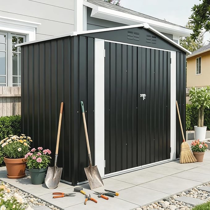 YOPTO 8X4 FT Metal Outdoor Storage Shed W/Lockable Latch,Black | Air Vent,Double‑Hinged Door,Sloped Roof,Reinforced Structure,All Weather Waterproof for Garden,Patio,Backyard,Lawn