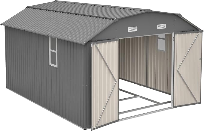 YOPTO 10×12 FT Outdoor Storage Shed,Heavy-Duty Metal Shed with Floor Base,All Weather Waterproof Tool Shed W/Diamond Roof & Windows,Lockable Double Door & 4 Air Vents,for Backyard,Patio,Lawn,Gray