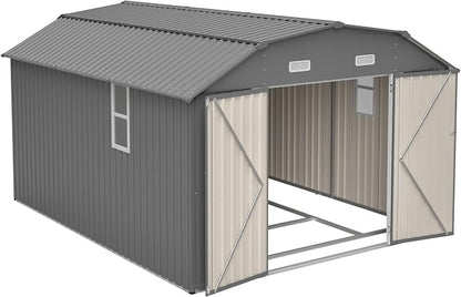 YOPTO 10×12 FT Outdoor Storage Shed,Heavy-Duty Metal Shed with Floor Base,All Weather Waterproof Tool Shed W/Diamond Roof & Windows,Lockable Double Door & 4 Air Vents,for Backyard,Patio,Lawn,Gray