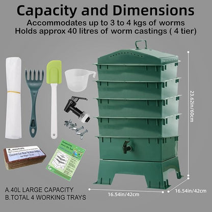4-Tray Worm Compost Bin, Worm Composter for Outdoor & Indoor, ecocultivatify Wormie's Home, Worm Bin Set for Recycling Household Waste (Dark Green)