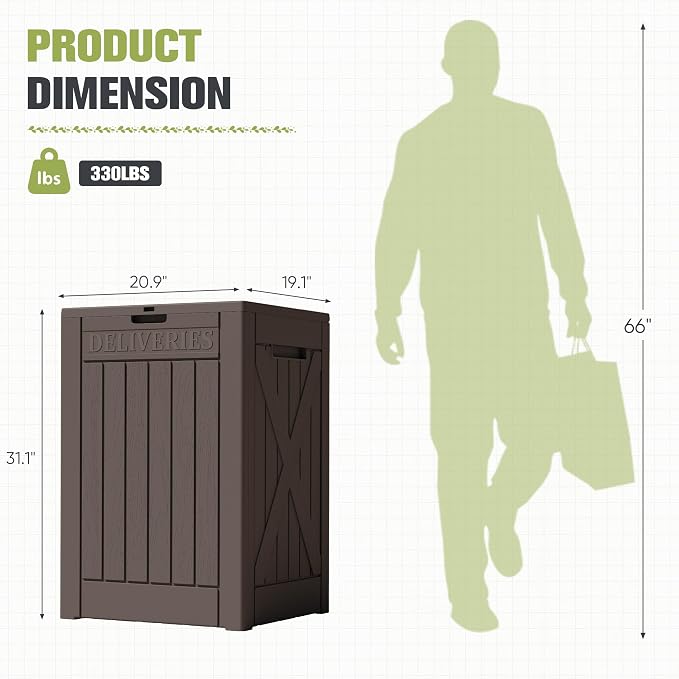 Greesum 48 Gallon Outdoor Package Delivery Box with Lock, Waterproof Secure Parcel Drop Box for Porch, Double-Wall Resin Storage, Brown
