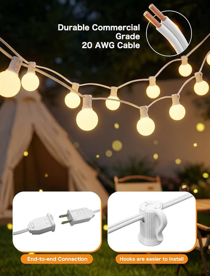 SUNSGNE 25FT G40 LED Outdoor White String Lights with 27 White Solid Shatterproof Globe Bulbs (2 Spare), Outdoor Hanging Edison Lights for Room Café Bistro Pergola Tents, White Wire