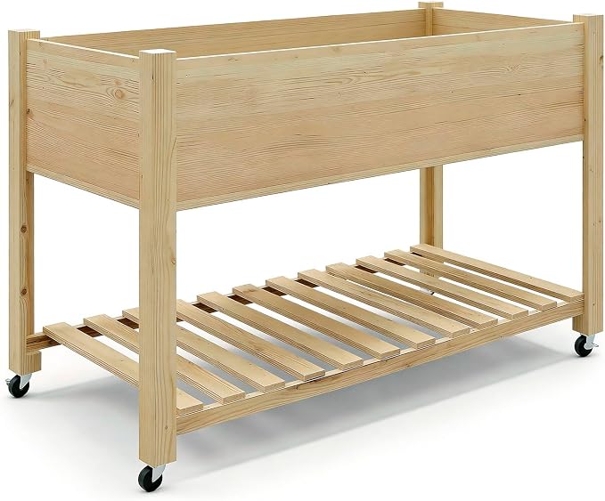 Rolling Elevated Planter Box on Wheels, 48x24x30 Inch Mobile Raised Garden Bed with Locking Casters, Storage Shelf, Wooden Outdoor Planter for Vegetables Flowers Patio Backyard, Natural Wood