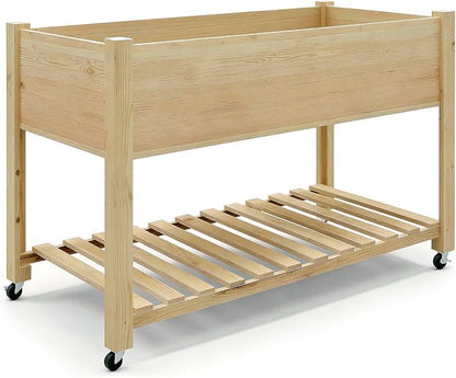 Rolling Elevated Planter Box on Wheels, 48x24x30 Inch Mobile Raised Garden Bed with Locking Casters, Storage Shelf, Wooden Outdoor Planter for Vegetables Flowers Patio Backyard, Natural Wood