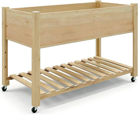 Rolling Elevated Planter Box on Wheels, 48x24x30 Inch Mobile Raised Garden Bed with Locking Casters, Storage Shelf, Wooden Outdoor Planter for Vegetables Flowers Patio Backyard, Natural Wood