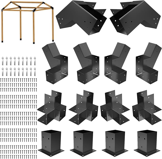 JEXALINE Pergola Kit for 4"x4" Lumber, Heavy Duty Pergola Brackets with 30° Slanted Pergola Whole-Set Kit, DIY Gazebo Kit for Outdoor Patio Backyard Garden, Fits Actual 3.6" x 3.6" Wood