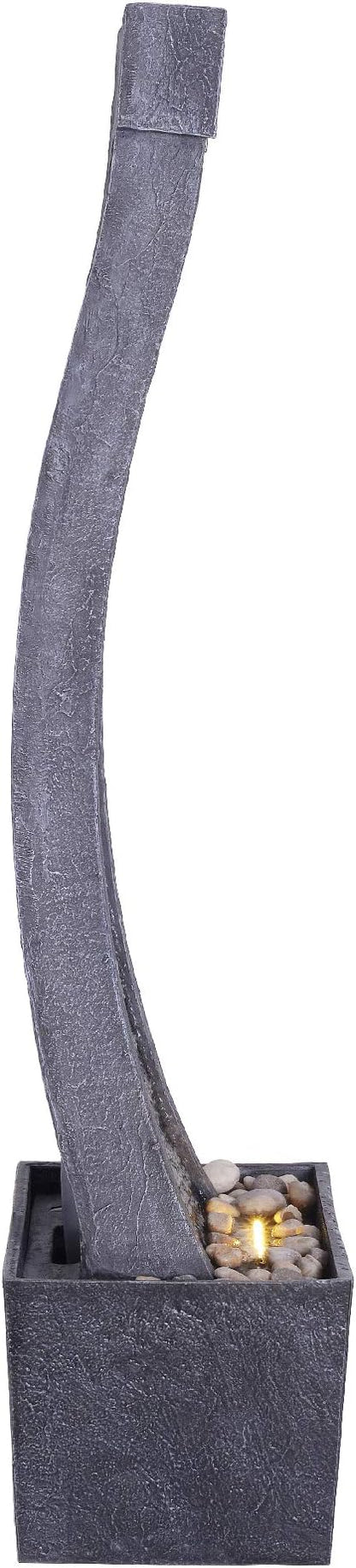 Teamson Home 38.58 in. Modern Curved Faux Slate Waterfall Fountain for Indoors or Outdoors with LED Light Accents and 1.98-Gallon Pump, Black and Stone Gray | Freestanding Floor Garden Waterfall, LED Lights, Weatherproof Polyresin, For Patio & Yard