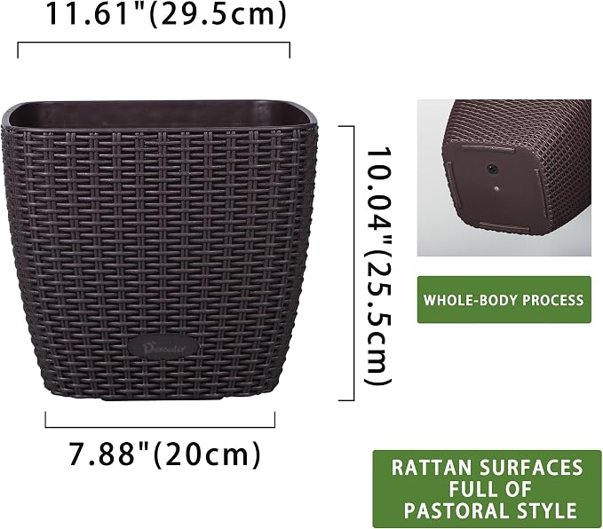 Dexceder 11x10 Self Watering Planter (Brown Rattan) | Inner Mat Design, Thickened Table Flower Plant Pot with Water Level Indicator Indoor Outdoor