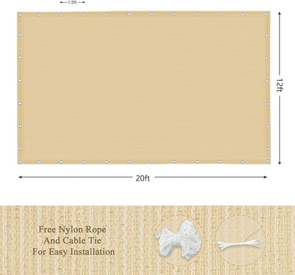 90% Outdoor Sun Shade Cloth, 12’ x 20’, Pergola, Deck, and Backyard Patio Sunshade with UV Protection, Heat Resistant HDPE Material, Reinforced Grommets (12x20 FT,Wheat)