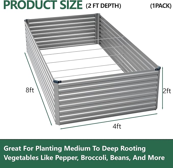 Vengarus 8x4x2ft Galvanized Raised Garden Bed,Metal Raised Beds Kit Silver | 2FT Deep Root Elevated Garden Planter Box, Corrugated Steel, Open Bottom, Rustproof All Weather, Large Vegetable Flower Bed