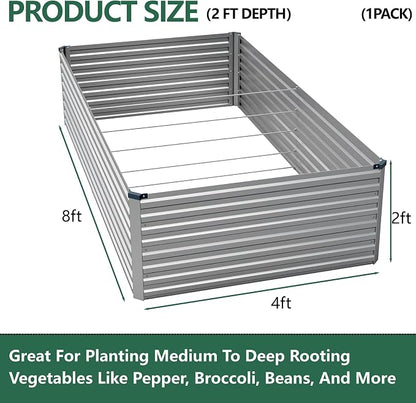 Vengarus 8x4x2ft Galvanized Raised Garden Bed,Metal Raised Beds Kit Silver | 2FT Deep Root Elevated Garden Planter Box, Corrugated Steel, Open Bottom, Rustproof All Weather, Large Vegetable Flower Bed