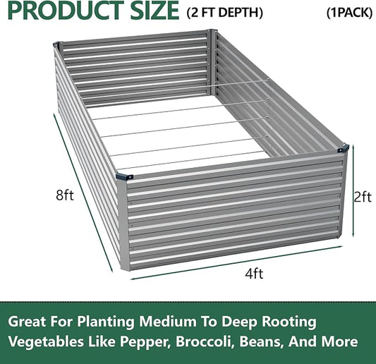 Vengarus 8x4x2ft Galvanized Raised Garden Bed,Metal Raised Beds Kit Silver | 2FT Deep Root Elevated Garden Planter Box, Corrugated Steel, Open Bottom, Rustproof All Weather, Large Vegetable Flower Bed