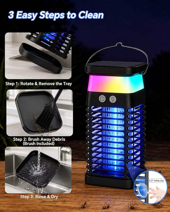 Solar Bug Zapper Outdoor/Indoor, 4000V Electric Mosquito Zapper with Flickering Flame & RGB Atmosphere Light, Cordless Waterproof Rechargeable Mosquito Repellent Outdoor Patio Backyard, Camping, RV