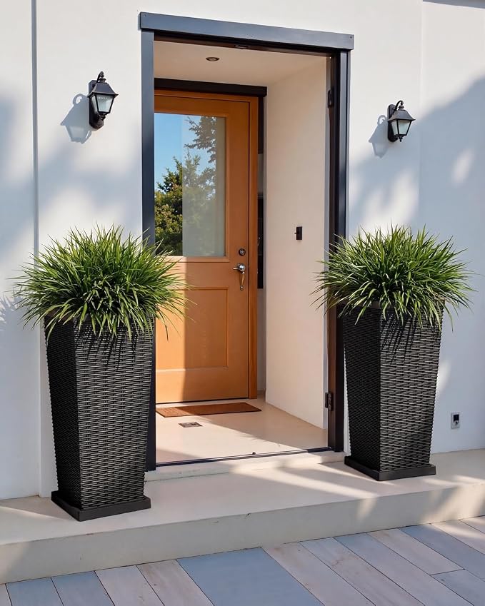 Greesum Set of 2 Tall Plastic Planters with Saucer, 30 Inch Large Pots with Drainage Trays, Weather-Resistant Plastic Plant Containers for Patio, Porch, Garden,Black